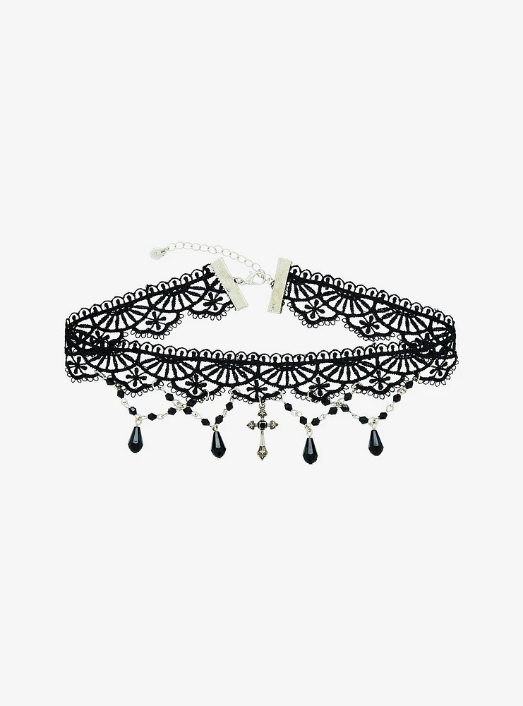 Cosmic Aura Cross Gem Black Lace Choker