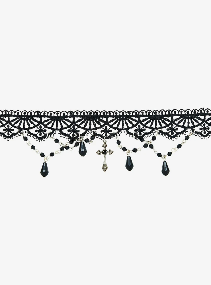 Cosmic Aura Cross Gem Black Lace Choker