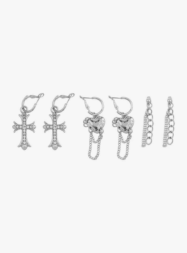 Social Collision Cross Heart Chain Bling Drop Earring Set