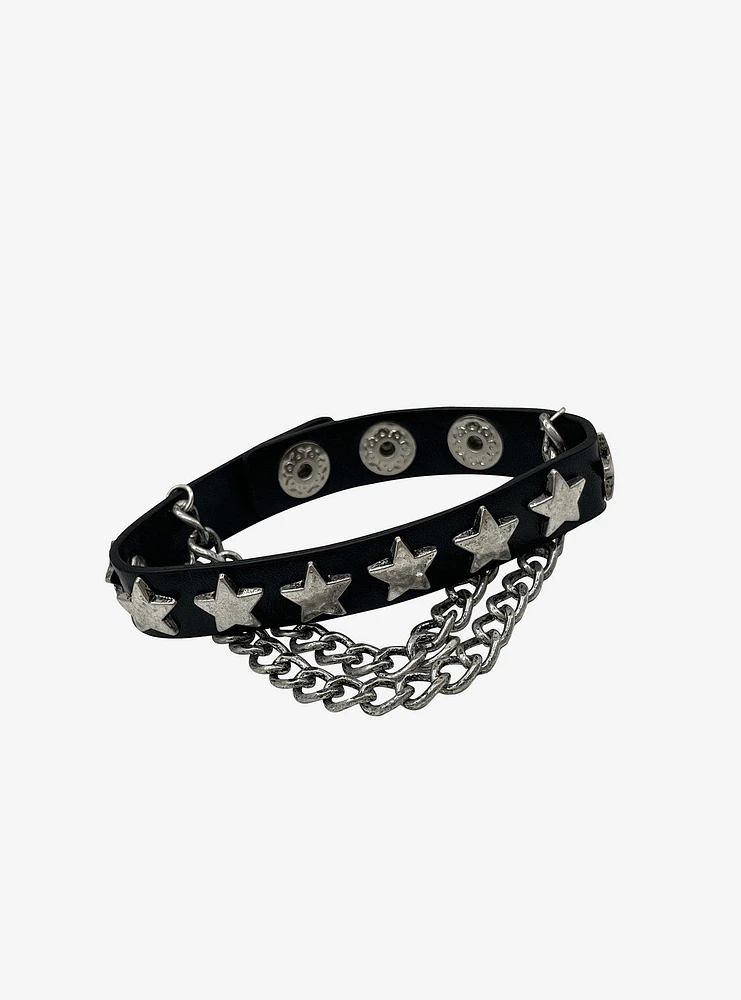 Social Collision Star & Chain Faix Leather Bracelet