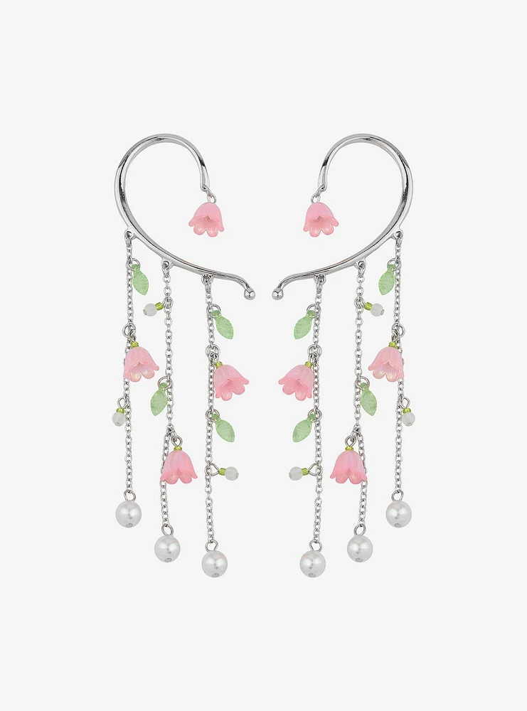 Thorn & Fable Pink Flower Pearl Cuff Earring Set