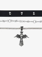 Social Collision Winged Skull Cross Necklace Set