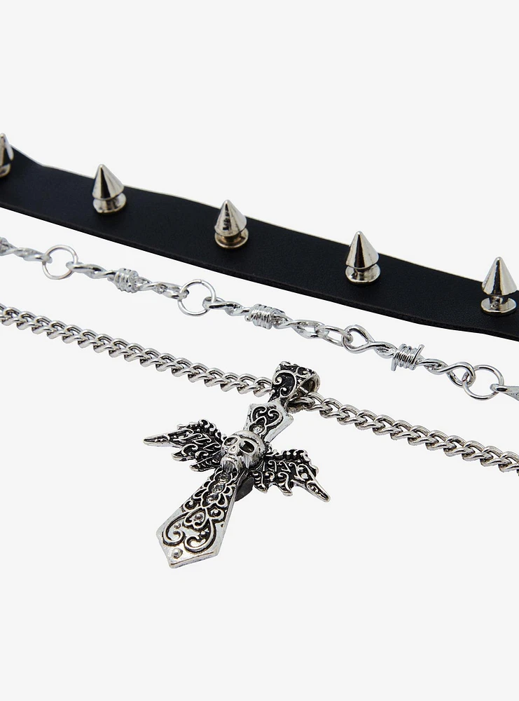 Social Collision Winged Skull Cross Necklace Set