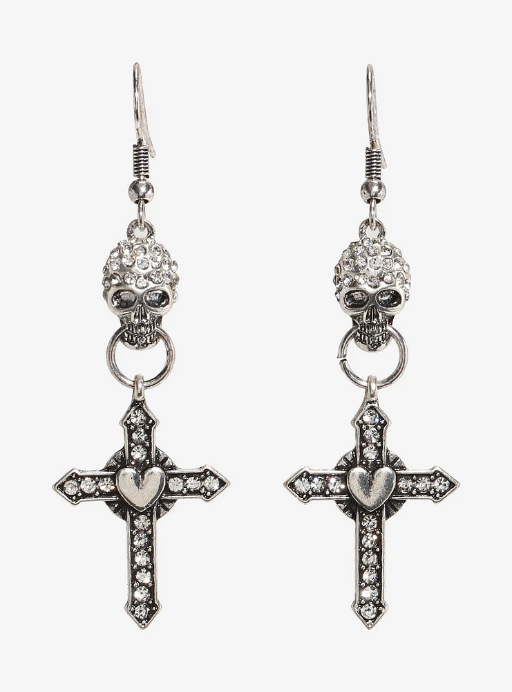 Social Collision Rhinestone Skull & Cross Drop Earrings