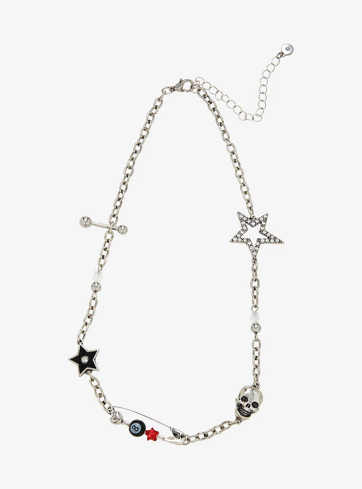 Social Collision Bling Star Skull Charm Necklace