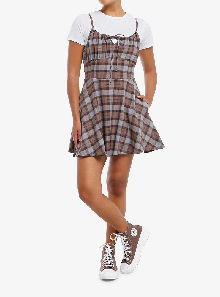 Thorn & Fable Brown Grey Plaid Twofer Dress