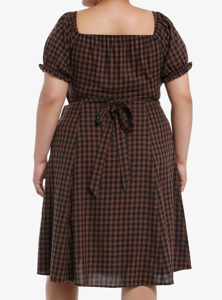 Thorn & Fable Brown Black Checkered Empire Waist Midi Dress Plus