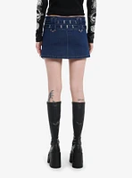 Social Collision Indigo Double-Belted Denim Mini Skirt