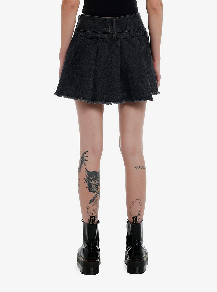 Social Collision Grey Frayed Star Pleated Denim Skirt