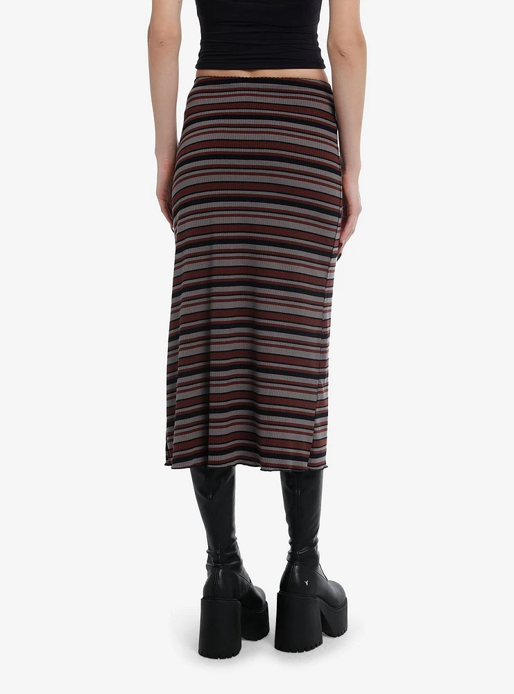 Thorn & Fable Maroon Brown Black Stripe Knit Midi Skirt