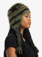 Green Stripe Star Fuzzy Tassel Beanie