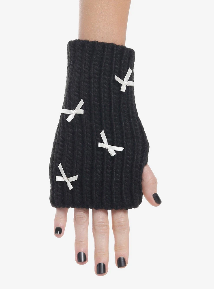 Black Chunky Knit White Ribbon Fingerless Gloves