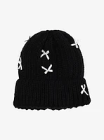 Black Chunky Knit White Ribbon Beanie