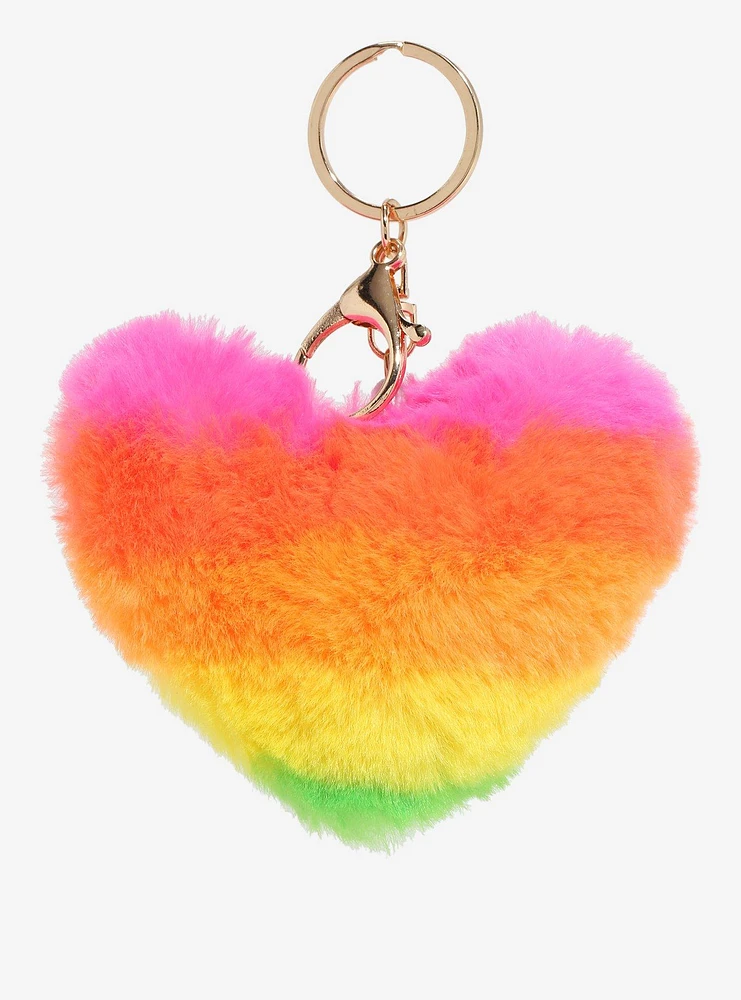 Rainbow Stripe Fuzzy Heart Plush Key Chain