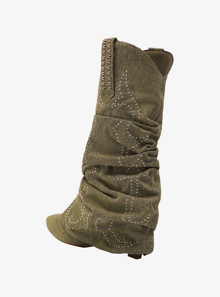 Azalea Wang Sinead Green Denim Cowgirl Boots