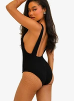 Dippin' Daisy's Hefner V Neck Ruffle Swim One Piece Black Rib