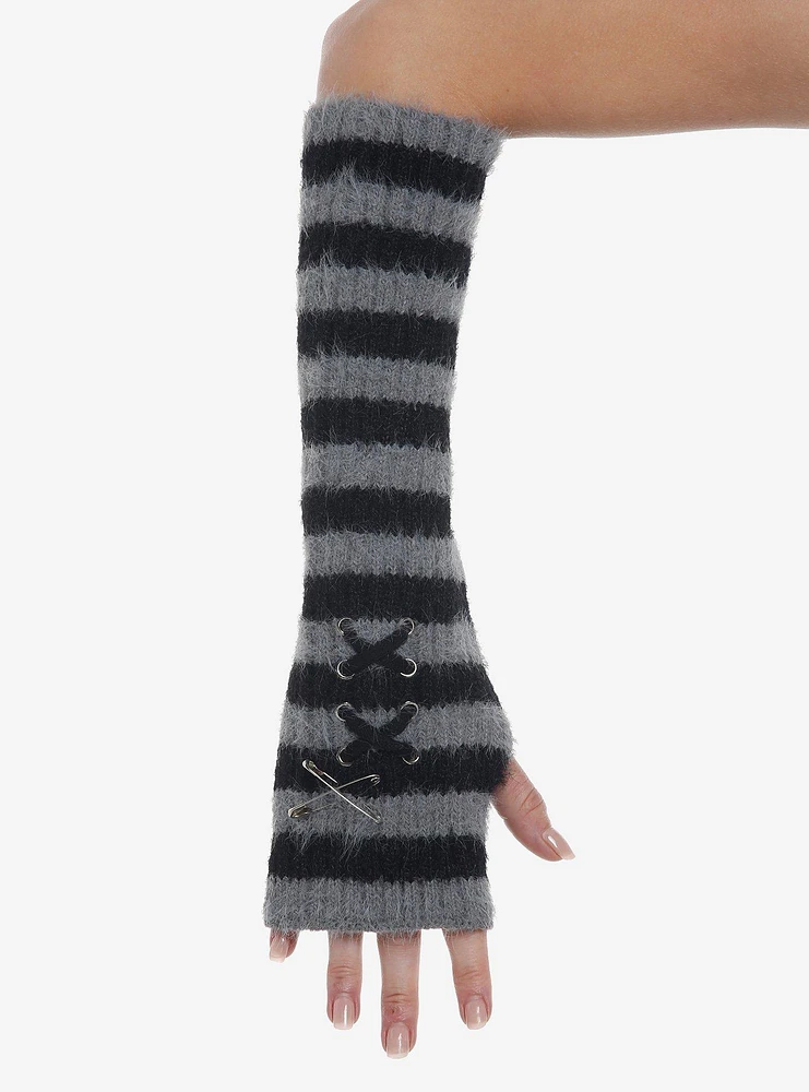 Black & Grey Stripe Lace-Up Fuzzy Arm Warmers