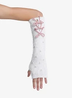 White Pearl Pink Bow Fuzzy Arm Warmers