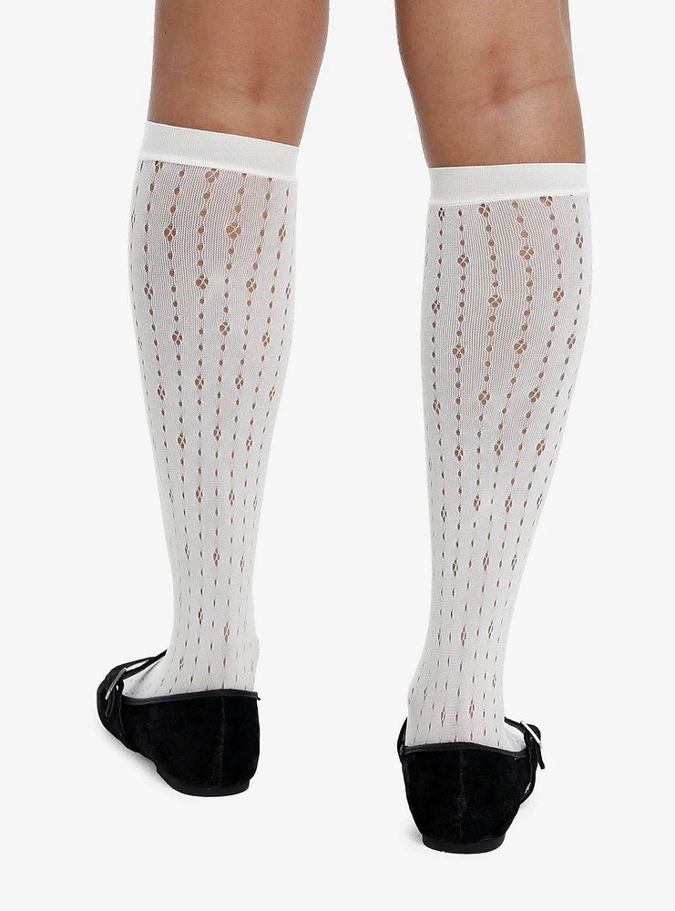 Cream Pointelle Black Bow Knee-High Socks