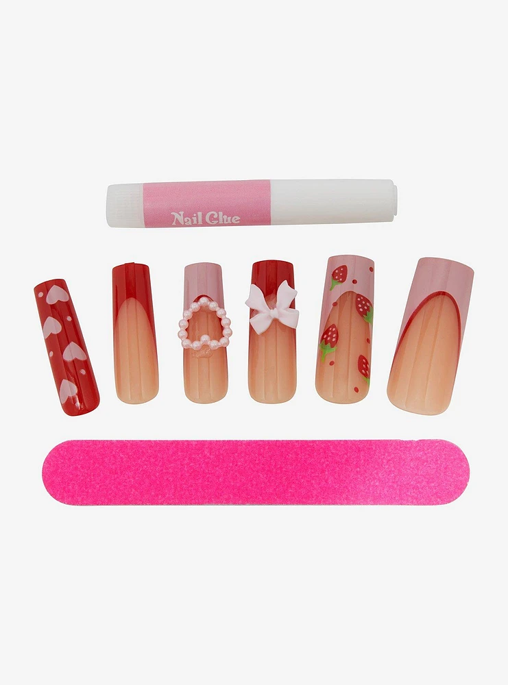 Pink Heart & Bow Faux Nail Set