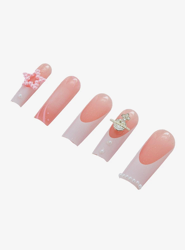 Pink Pearl Star Bling Faux Nail Set