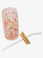 Strawberry Shortcake Custard & Strawberry Allover Print Glass Cup with Straw