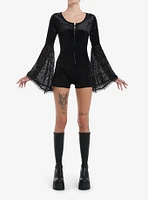 Cosmic Aura Black Velvet Spiderweb Bell Sleeve Lounge Romper