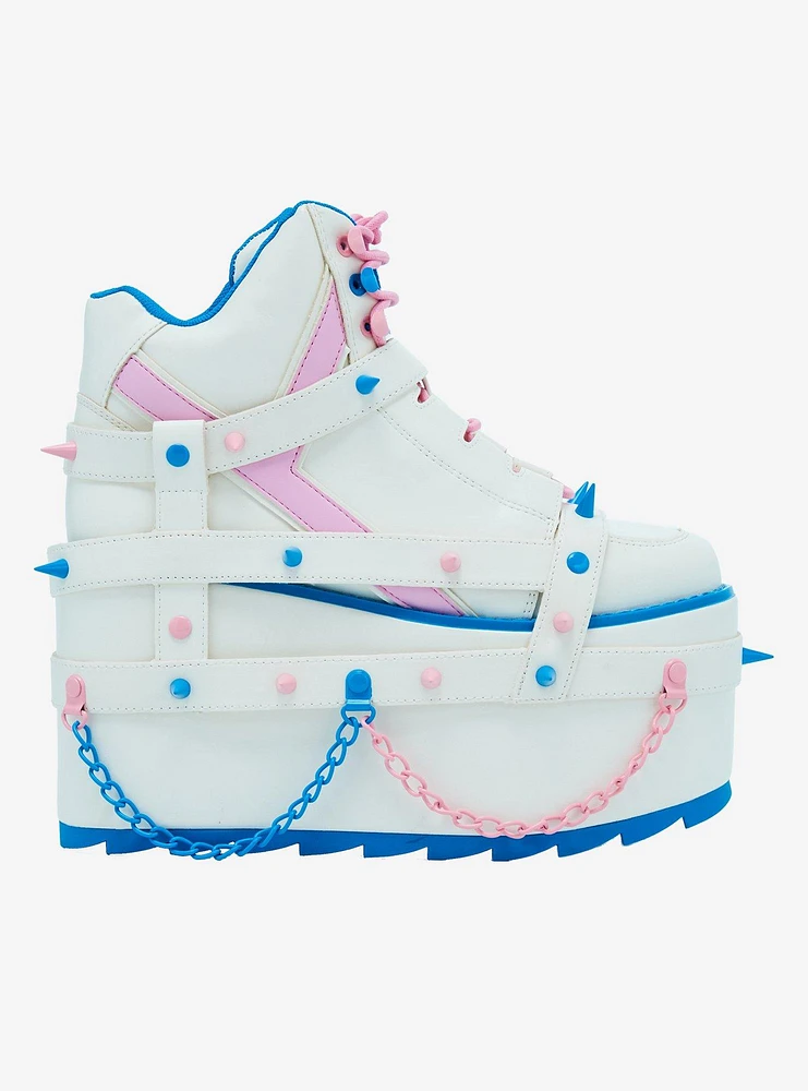 YRU White Pastel Spike & Chain Qozmo Platform Sneakers