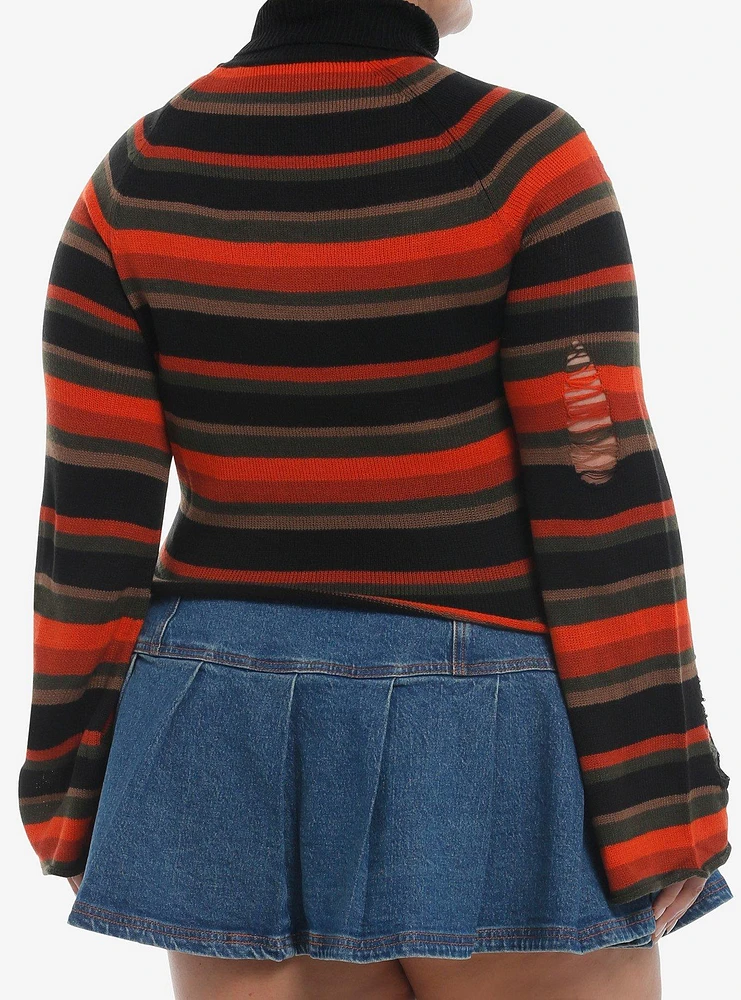 Sweet Society Orange & Brown Stripe Distressed Crop Girls Turtleneck Sweater Plus