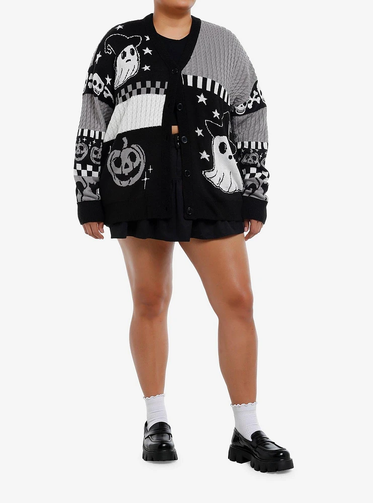 Sweet Society Black & White Ghost Patchwork Girls Cardigan Plus