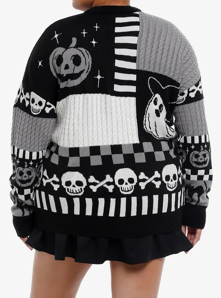 Sweet Society Black & White Ghost Patchwork Girls Cardigan Plus