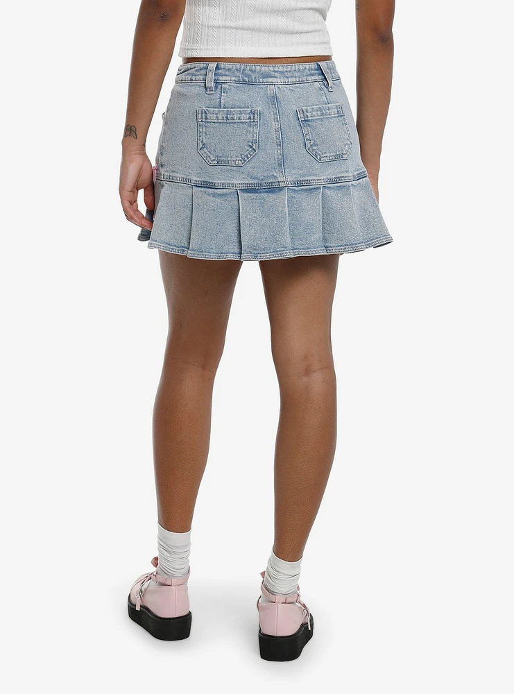 Sweet Society Light Blue Denim & Pink Bow Pleated Mini Skirt