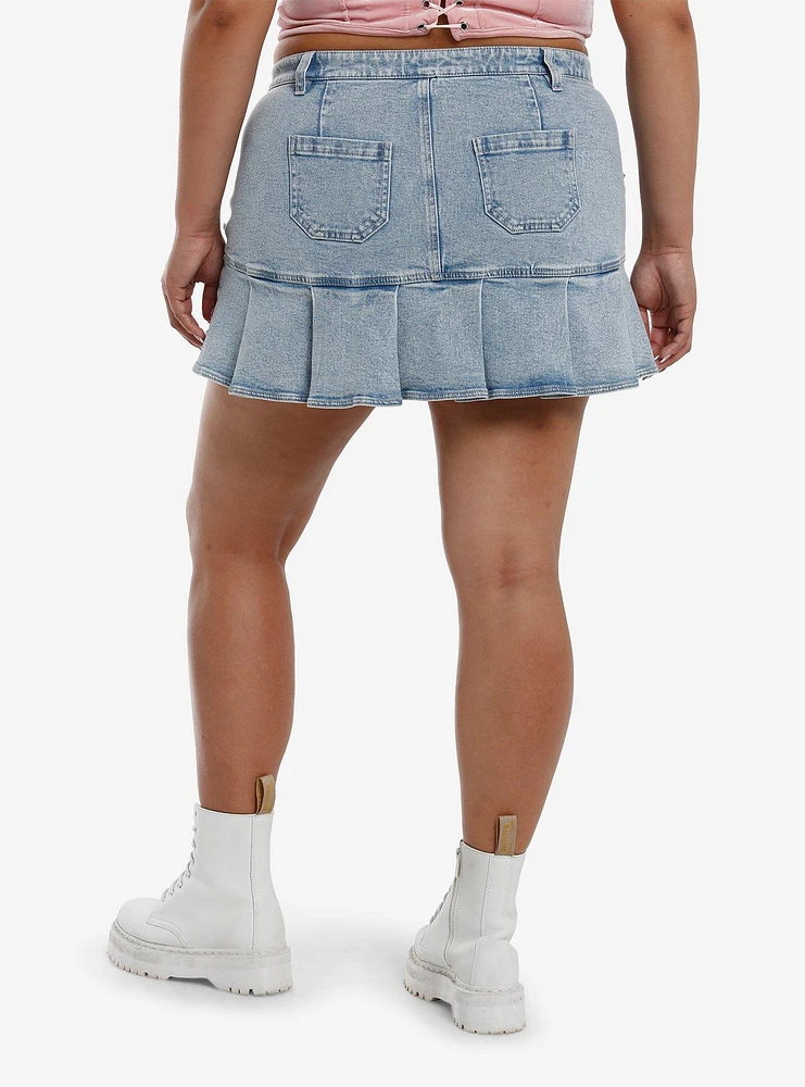 Sweet Society Light Blue Denim & Pink Bow Pleated Mini Skirt Plus