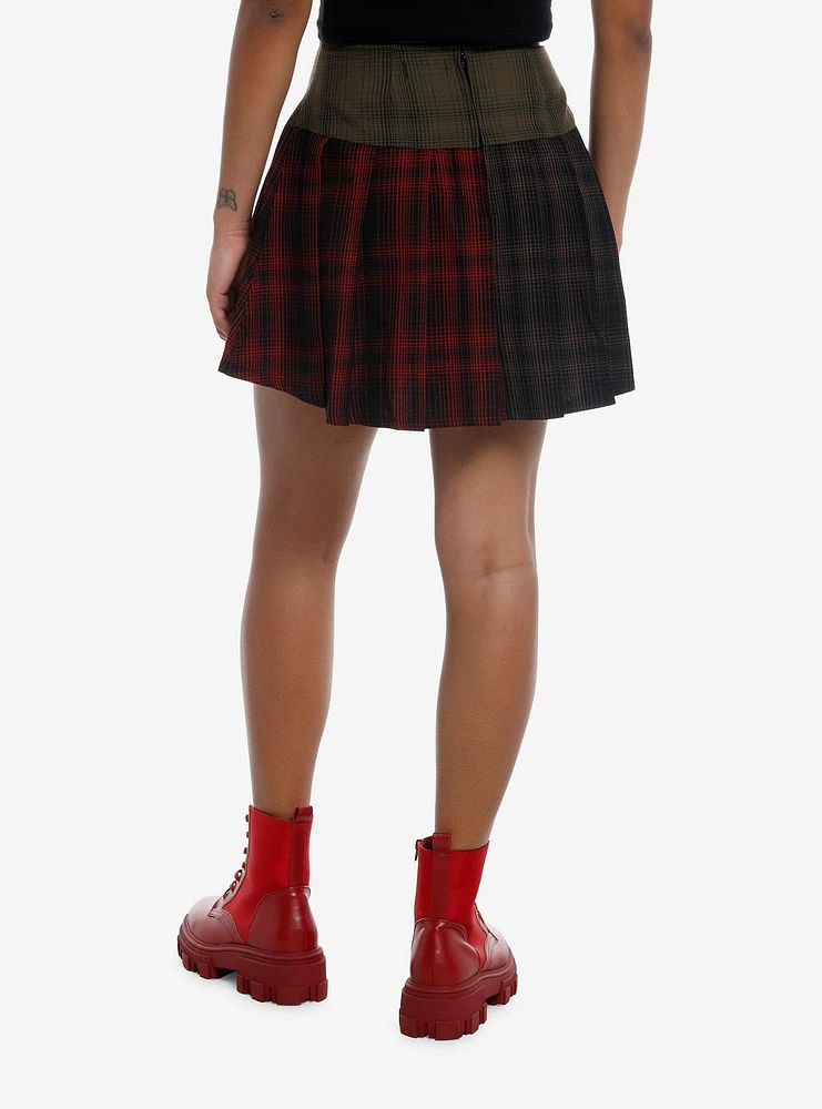 Social Collision Red Green & Brown Plaid Chain Pleated Skirt