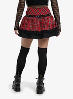 Social Collision Red Plaid Black Grommet Tiered Skirt