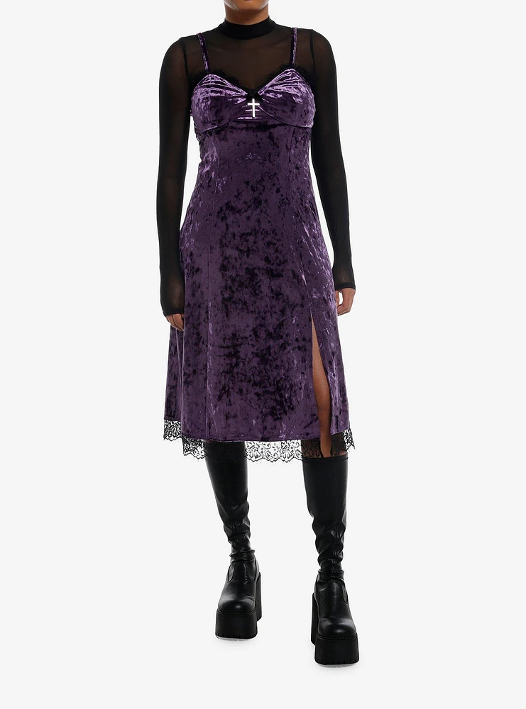 Cosmic Aura Purple Velvet Mesh Long-Sleeve Twofer Dress