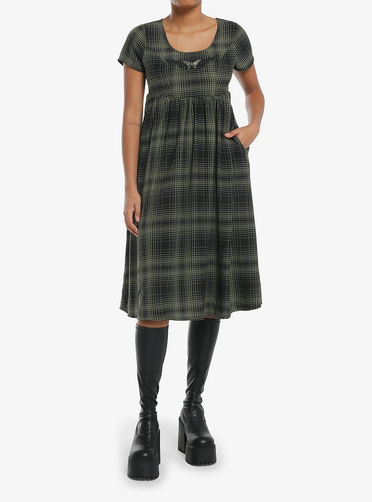 Social Collision Green Plaid Moth Midi Babydoll Dress