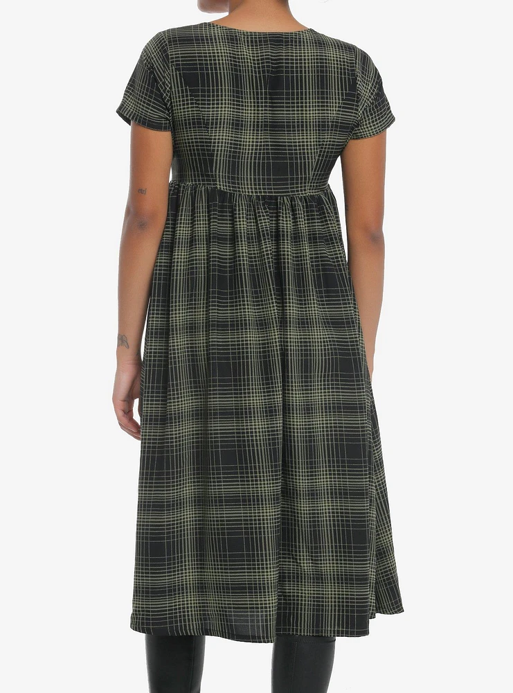 Social Collision Green Plaid Moth Midi Babydoll Dress