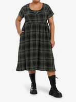 Social Collision Green Plaid Moth Midi Babydoll Dress Plus