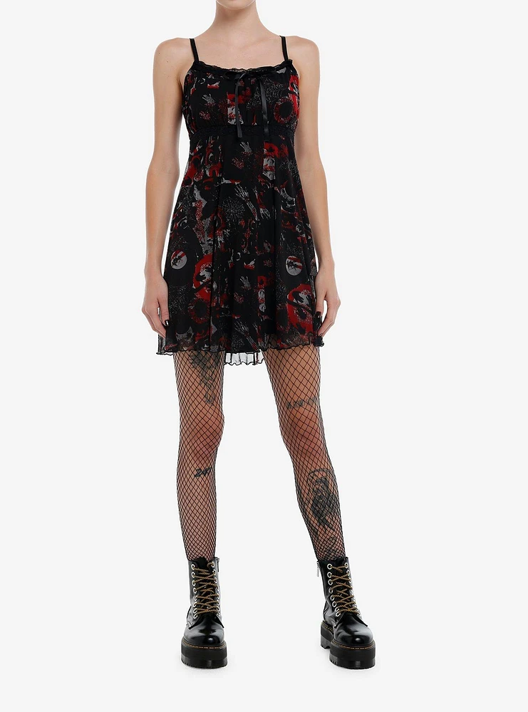 Social Collision Red & Black Icons Mesh Cami Dress