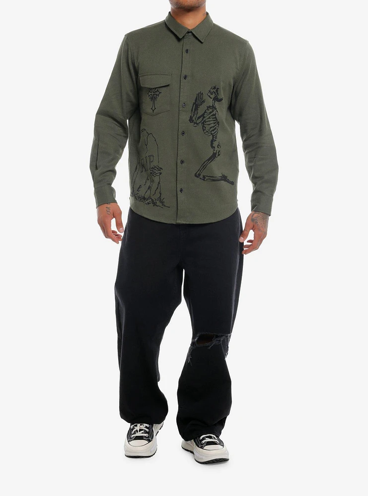 Olive Skeleton Grave Twill Long-Sleeve Woven Button-Up