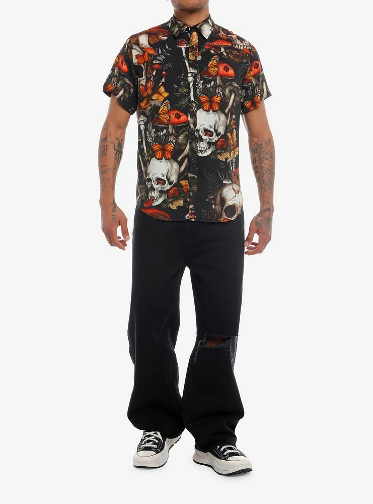 Skull Mushroom Garden Woven Button-Up