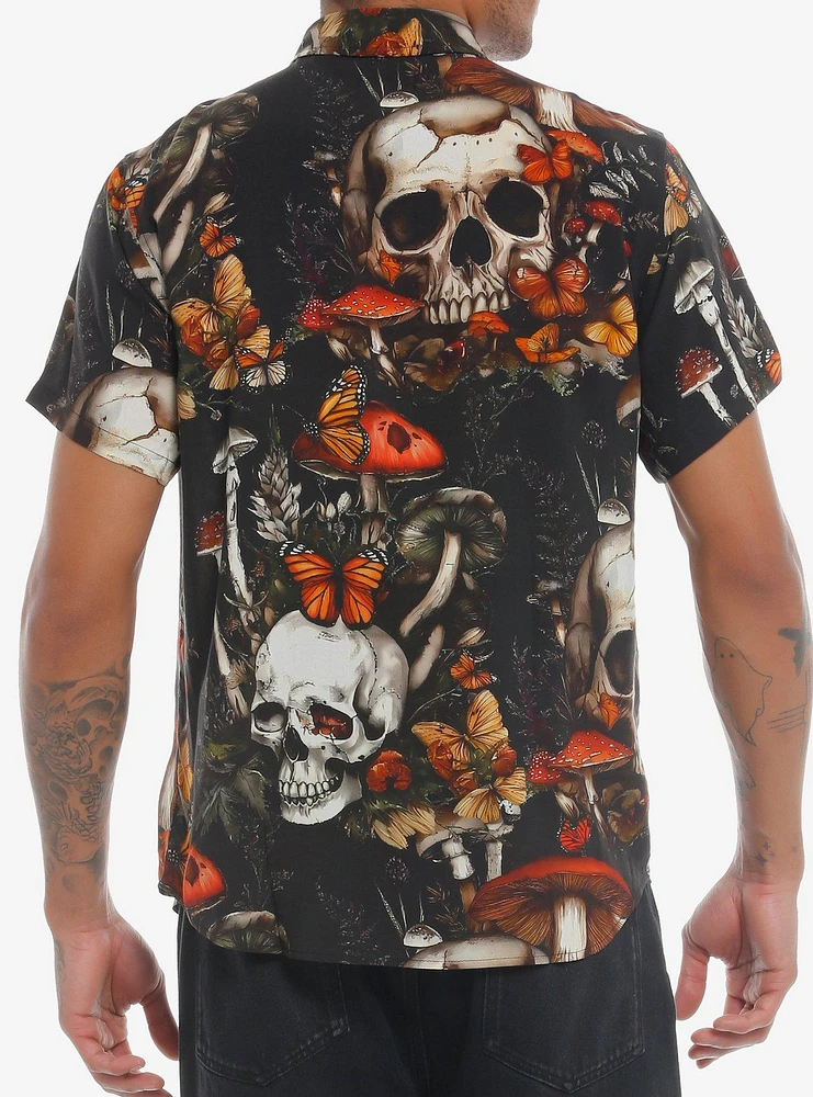 Skull Mushroom Garden Woven Button-Up