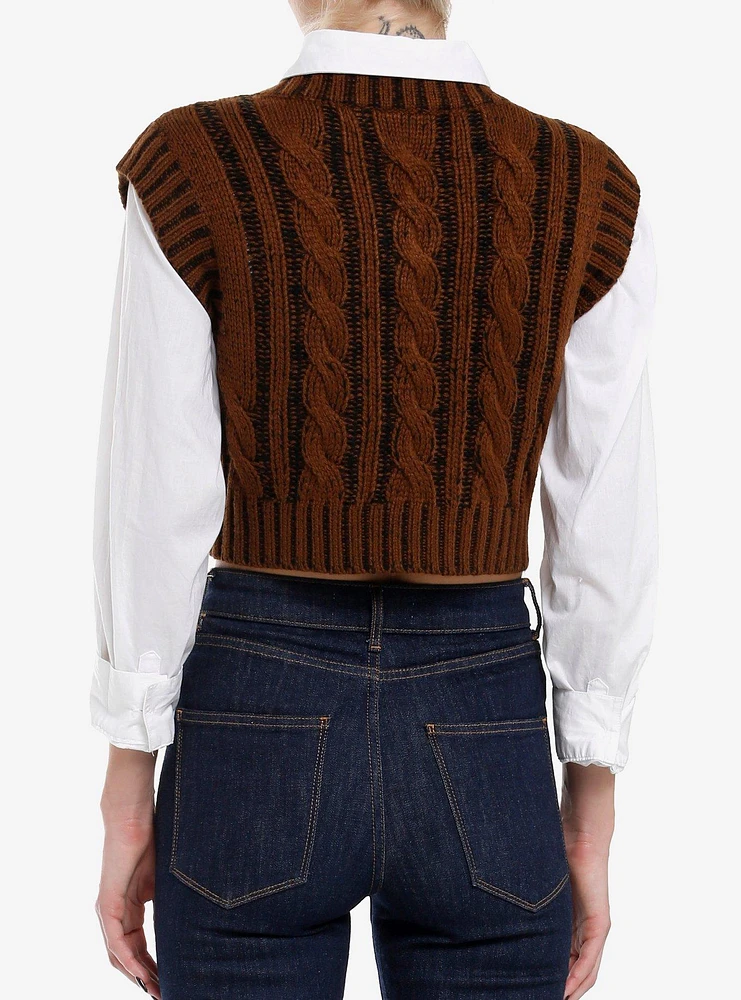 Brown & Black Cable-Knit Girls Crop Sweater Vest