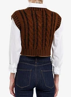 Brown & Black Cable-Knit Girls Crop Sweater Vest