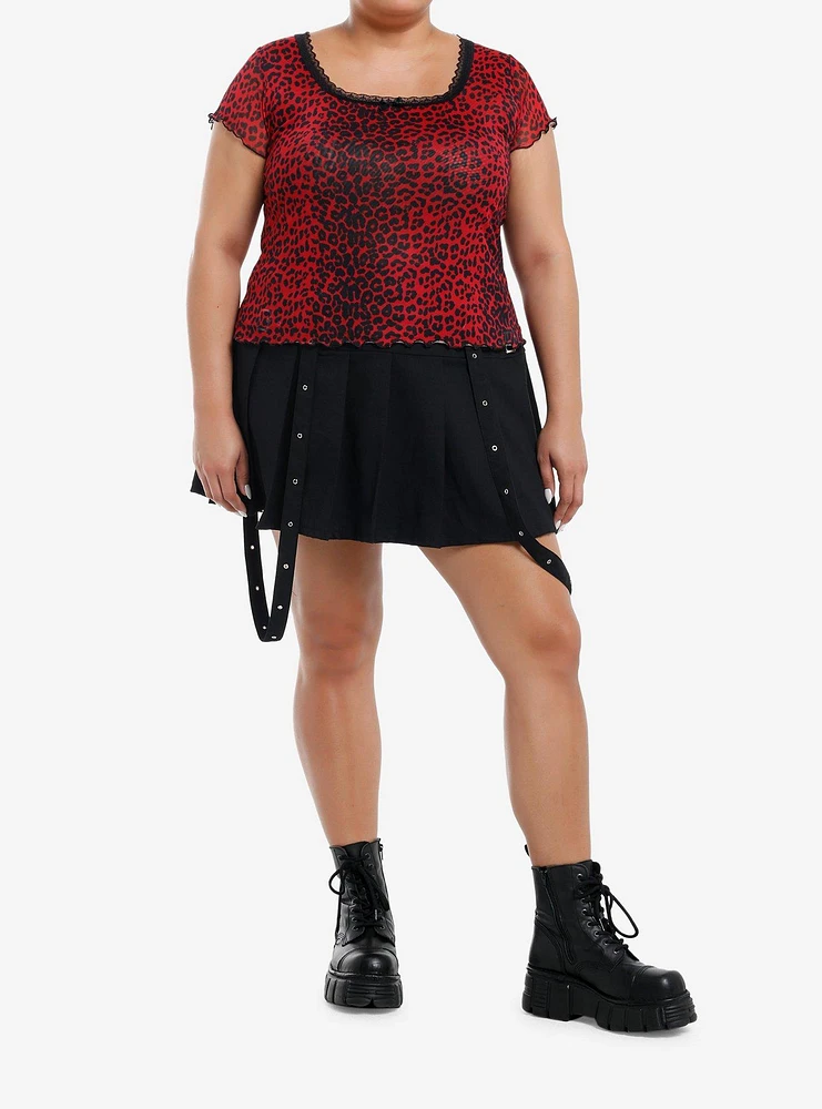 Social Collision Red & Black Cheetah Mesh Girls Top Plus