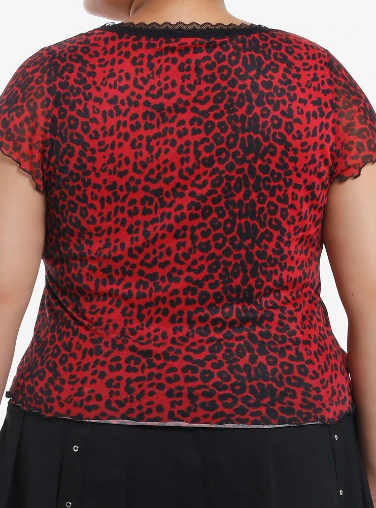 Social Collision Red & Black Cheetah Mesh Girls Top Plus