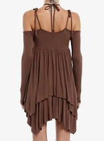 Thorn & Fable Brown Hanky Hem Cold Shoulder Dress