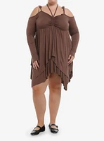 Thorn & Fable Brown Hanky Hem Cold Shoulder Dress Plus