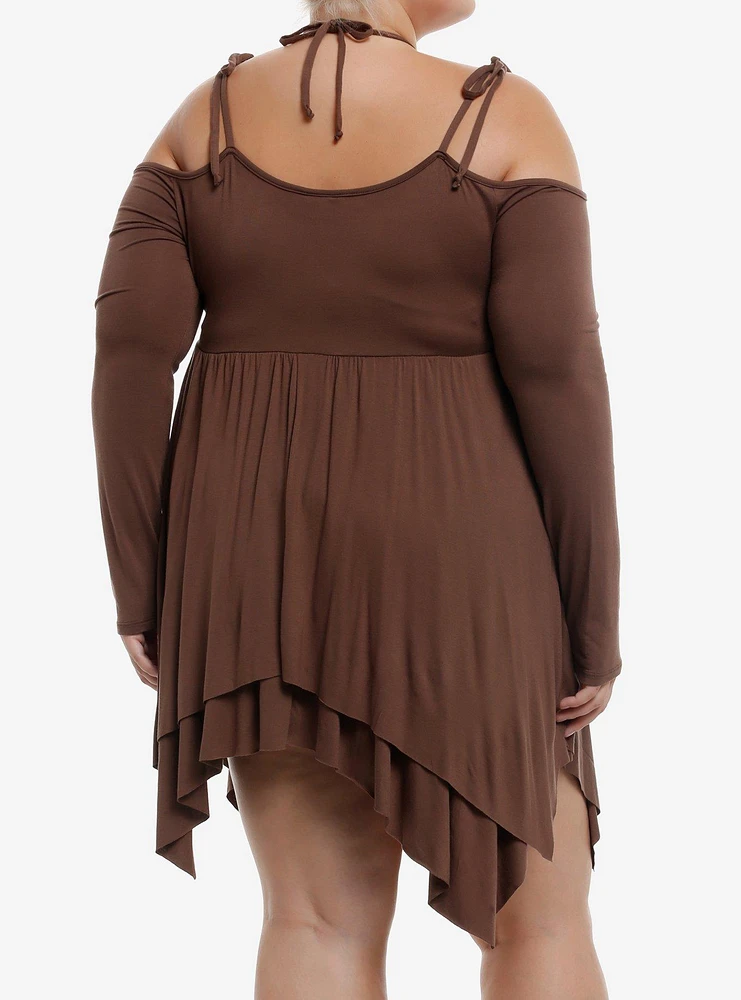 Thorn & Fable Brown Hanky Hem Cold Shoulder Dress Plus